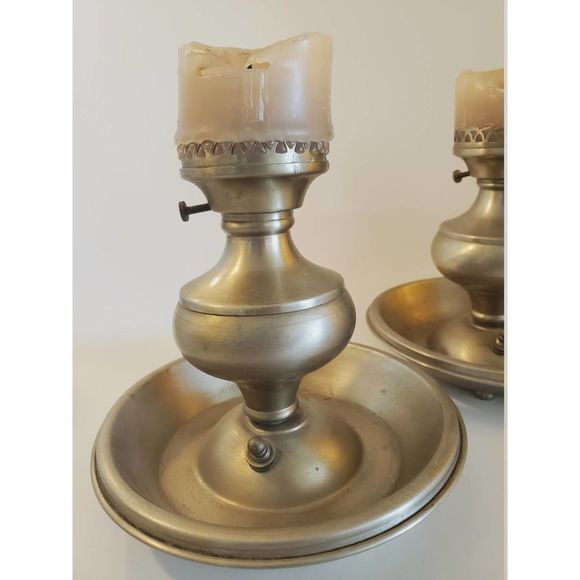 ANTIQUE Chamber Candle Holders Pewter (2) whale oil lamp style 1930s-40s - Picture 2 of 10